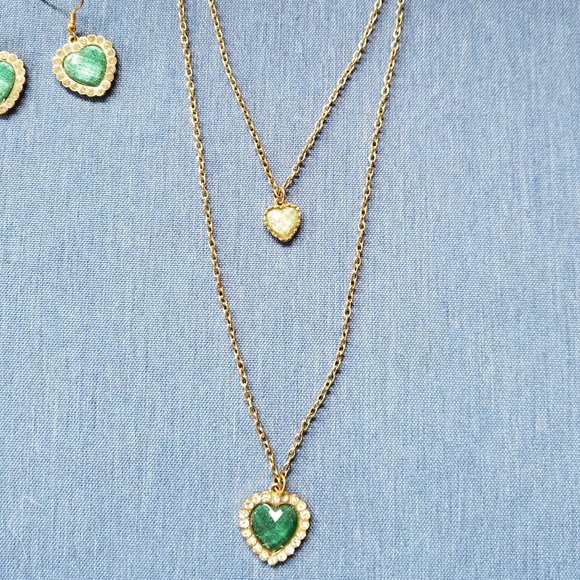 💚✨Betsey Johnson Green Hearts Double-Chain Necklace & Earrings - EPC✨💚 - Picture 5 of 16